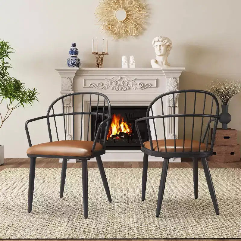 Sedie da pranzo moderne in similpelle con gambe in metallo (set da 2), marrone/nero