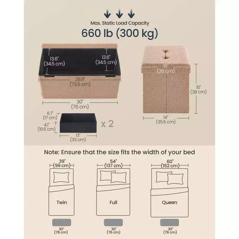 Panca Contenitore Ottomana, Cassapanca, 38 x 76 x 38 cm, Panca da Fondo Letto, Carico Massimo 300 kg