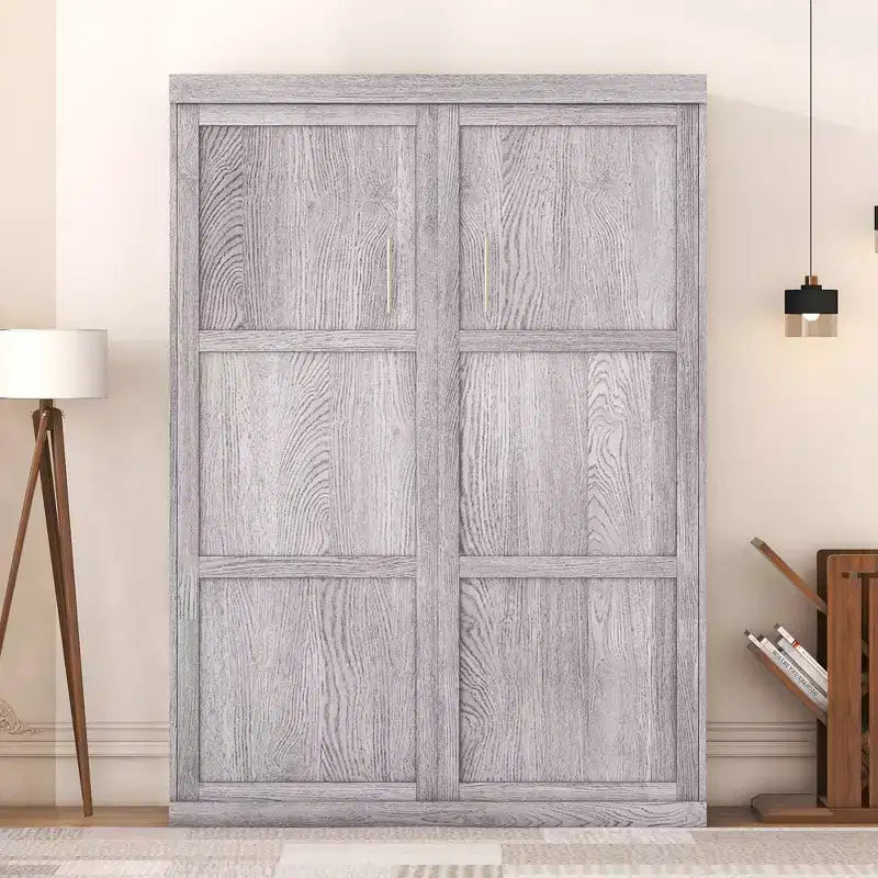 Letto a scomparsa/a muro Murphy a una piazza e mezza/matrimoniale, letto con armadio in legno, grigio