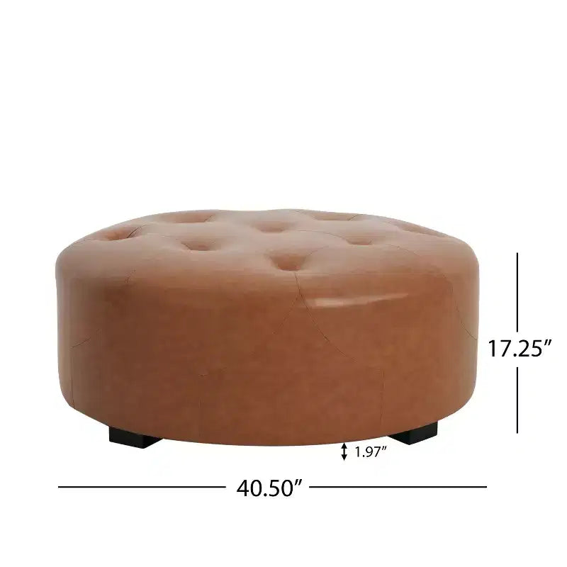 Pouf rotondo moderno in similpelle trapuntata Rafael, marrone chiaro