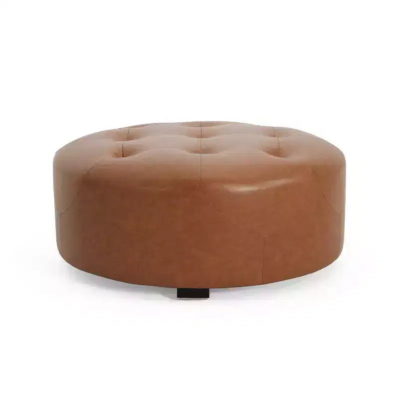 Pouf rotondo moderno in similpelle trapuntata Rafael, marrone chiaro
