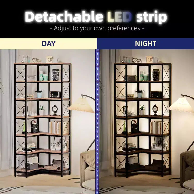 Libreria ad angolo a 7 ripiani con strisce luminose a LED IF076