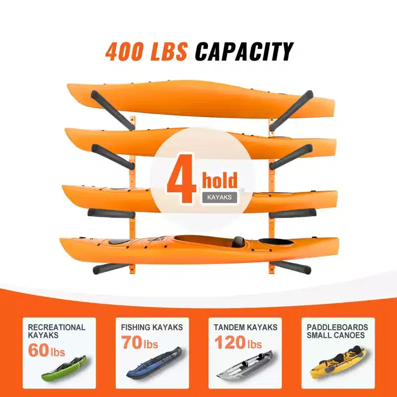 VEVOR Supporto a muro per kayak, porta kayak a parete a 4 posti per kayak, canoa, tavola da paddle, ganci per kayak con bracci imbottiti regolabili