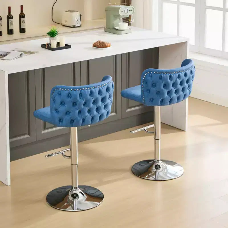 MAYEERTY Tabourets de Bar Pivotants - Hauteur d'assise réglable, base chromée, revêtement en PU, dossier entièrement capitonné, bleu, lot de 2