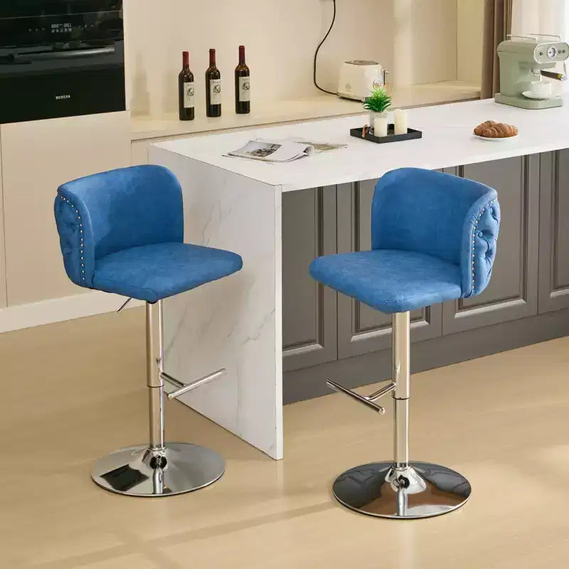 MAYEERTY Tabourets de Bar Pivotants - Hauteur d'assise réglable, base chromée, revêtement en PU, dossier entièrement capitonné, bleu, lot de 2