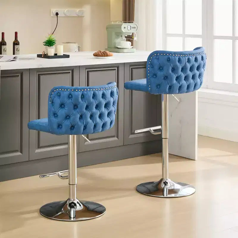 MAYEERTY Tabourets de Bar Pivotants - Hauteur d'assise réglable, base chromée, revêtement en PU, dossier entièrement capitonné, bleu, lot de 2