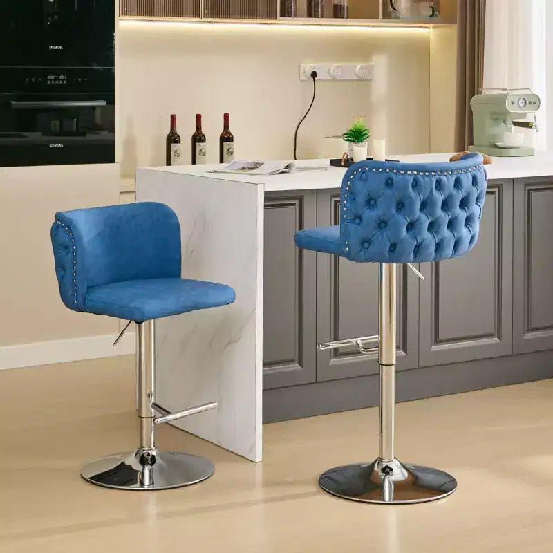 MAYEERTY Tabourets de Bar Pivotants - Hauteur d'assise réglable, base chromée, revêtement en PU, dossier entièrement capitonné, bleu, lot de 2