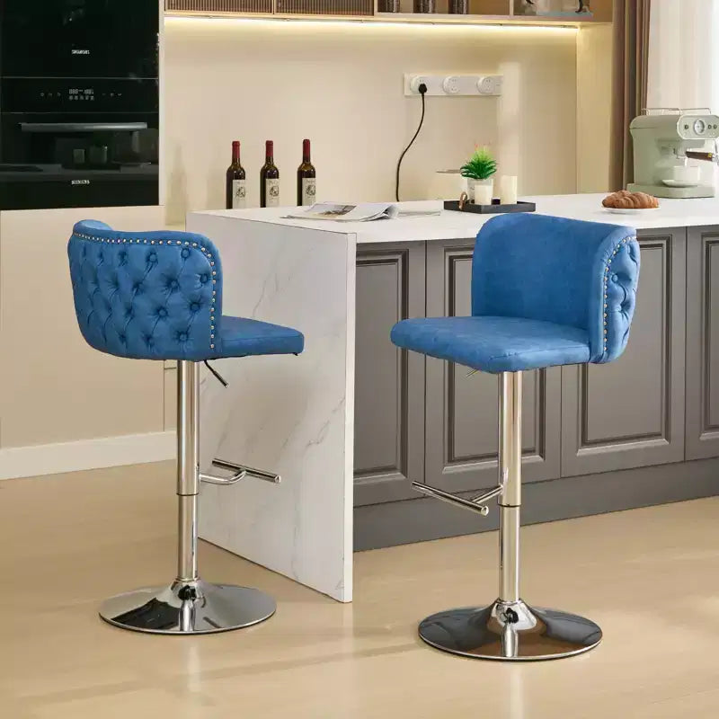 MAYEERTY Tabourets de Bar Pivotants - Hauteur d'assise réglable, base chromée, revêtement en PU, dossier entièrement capitonné, bleu, lot de 2