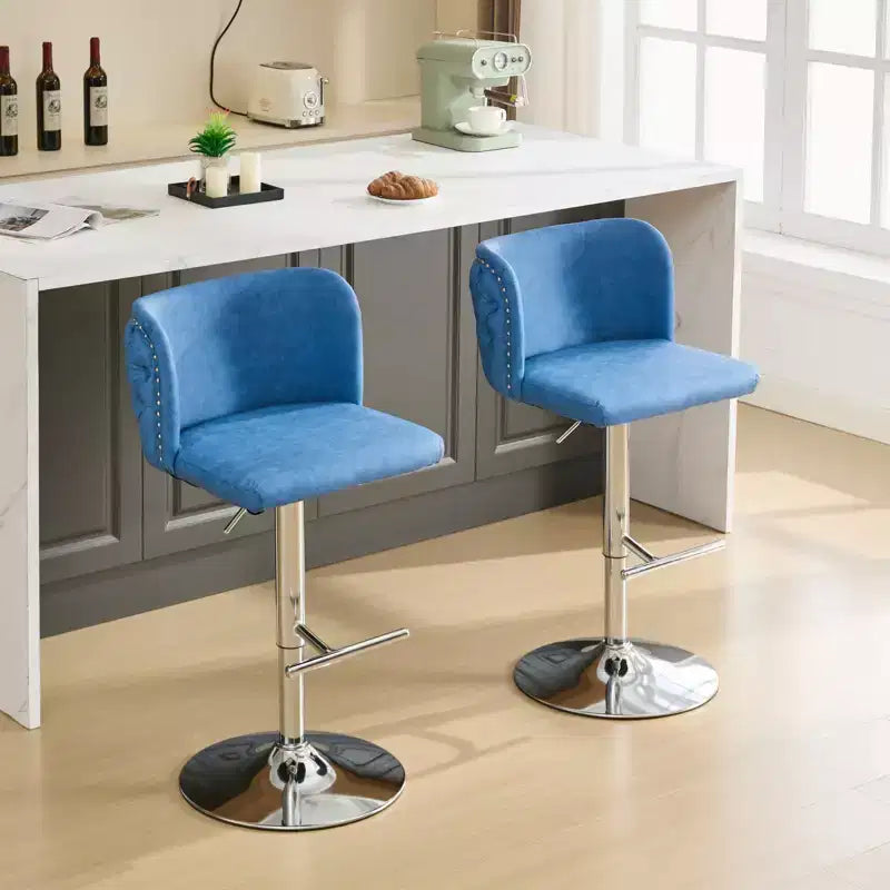 MAYEERTY Tabourets de Bar Pivotants - Hauteur d'assise réglable, base chromée, revêtement en PU, dossier entièrement capitonné, bleu, lot de 2