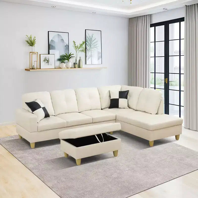Cream Fabric L-Shaped Corner Sofa with Chaise Lounge
