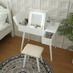 Okak 3-in-1 Flip-Top Vanity Desk with Power Outlets, Compact Makeup Table with LED Mirror, Cushioned Stool & Wood for Apartments