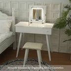 Coiffeuse compacte 3-en-1 Okak avec prises électriques, table de maquillage avec miroir LED, tabouret rembourré et bois pour appartements