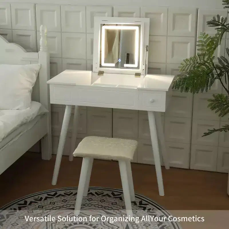 Coiffeuse compacte 3-en-1 Okak avec prises électriques, table de maquillage avec miroir LED, tabouret rembourré et bois pour appartements