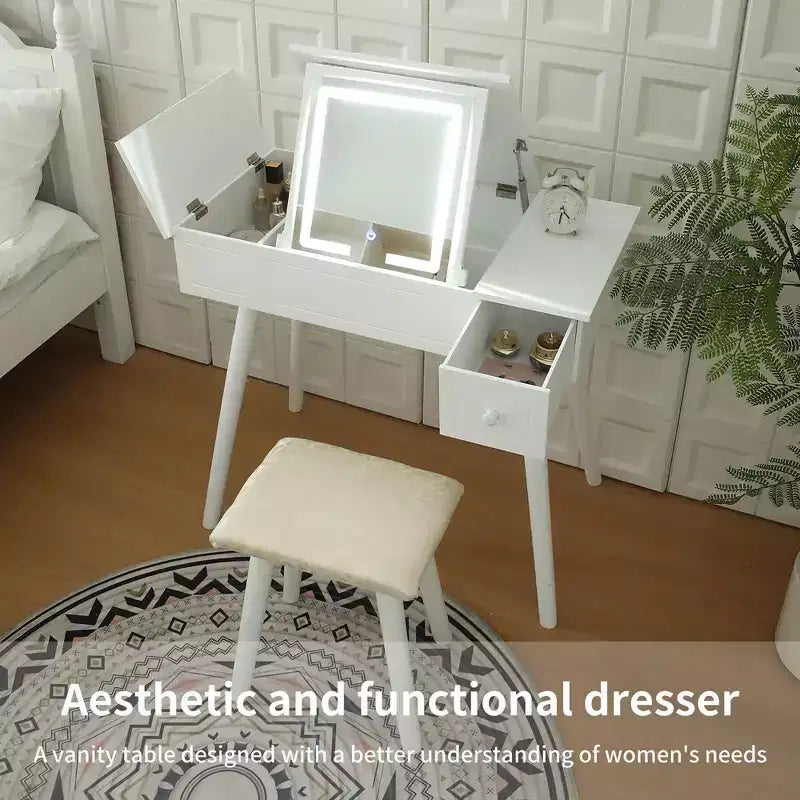 Coiffeuse compacte 3-en-1 Okak avec prises électriques, table de maquillage avec miroir LED, tabouret rembourré et bois pour appartements