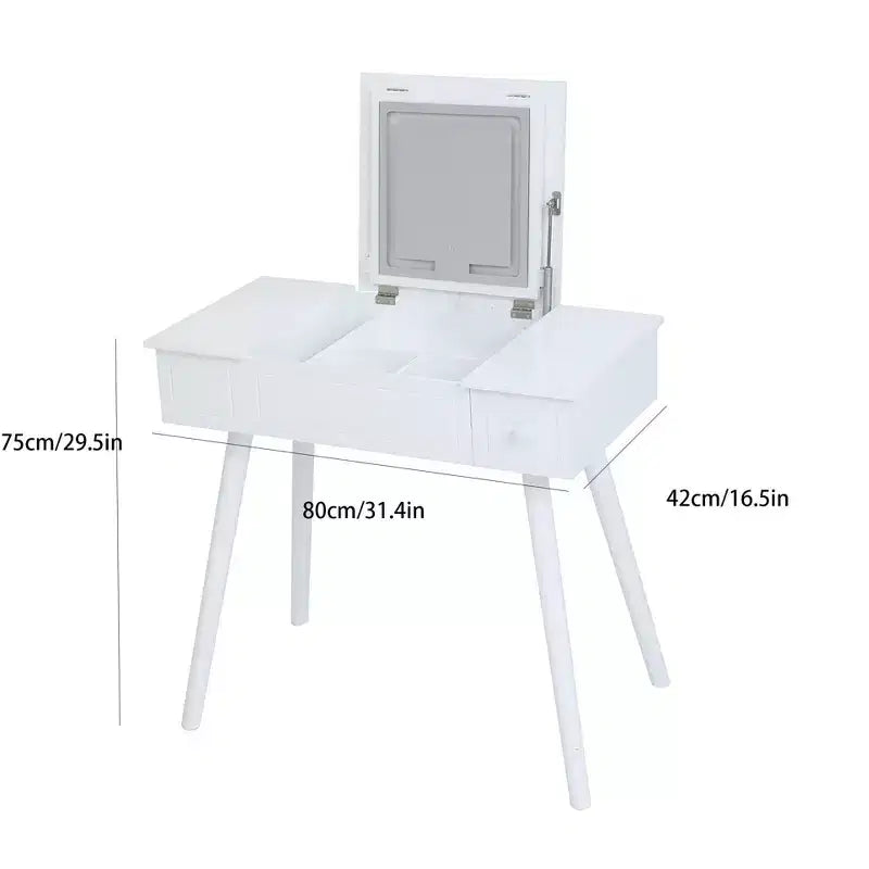 Coiffeuse compacte 3-en-1 Okak avec prises électriques, table de maquillage avec miroir LED, tabouret rembourré et bois pour appartements