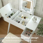 Coiffeuse compacte 3-en-1 Okak avec prises électriques, table de maquillage avec miroir LED, tabouret rembourré et bois pour appartements