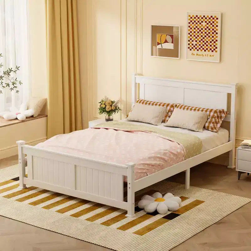 Lit en bois Karl Home avec cadre en bois, taille double, plateforme avec tête de lit, blanc
