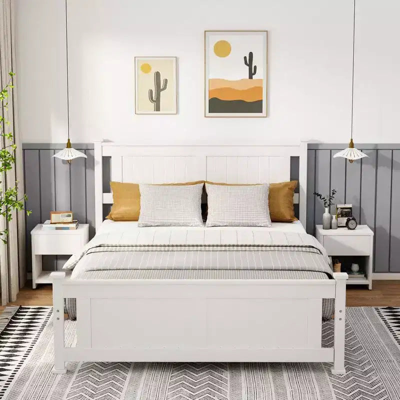 Lit en bois Karl Home avec cadre en bois, taille double, plateforme avec tête de lit, blanc