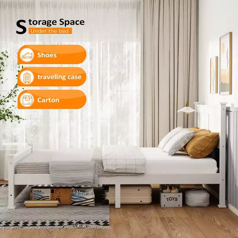 Lit en bois Karl Home avec cadre en bois, taille double, plateforme avec tête de lit, blanc