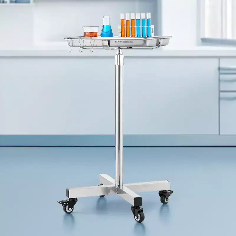 VEVOR Mayo Stand, Vassoio Mayo in Acciaio Inox, Capacità di Carico fino a 15,9 kg, Altezza Regolabile 64-101 cm, Vassoio Medico su Ruote con Vassoio Rimovibile