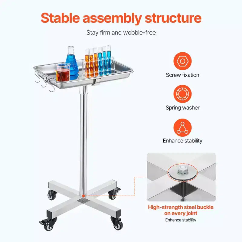 VEVOR Mayo Stand, Vassoio Mayo in Acciaio Inox, Capacità di Carico fino a 15,9 kg, Altezza Regolabile 64-101 cm, Vassoio Medico su Ruote con Vassoio Rimovibile