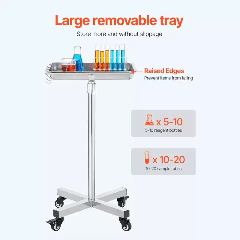 VEVOR Mayo Stand, Vassoio Mayo in Acciaio Inox, Capacità di Carico fino a 15,9 kg, Altezza Regolabile 64-101 cm, Vassoio Medico su Ruote con Vassoio Rimovibile