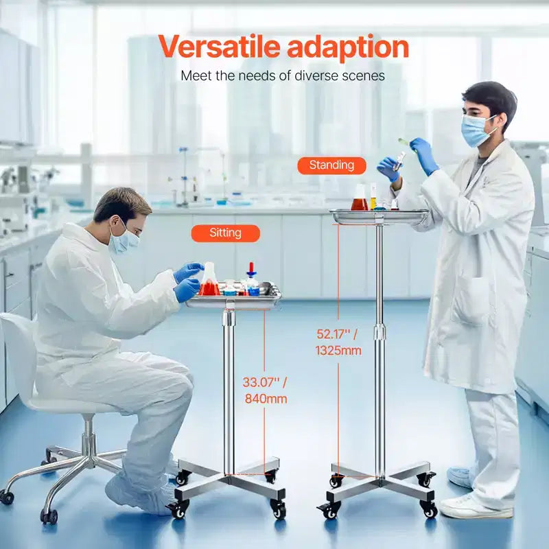 VEVOR Mayo Stand, Vassoio Mayo in Acciaio Inox, Capacità di Carico fino a 15,9 kg, Altezza Regolabile 64-101 cm, Vassoio Medico su Ruote con Vassoio Rimovibile