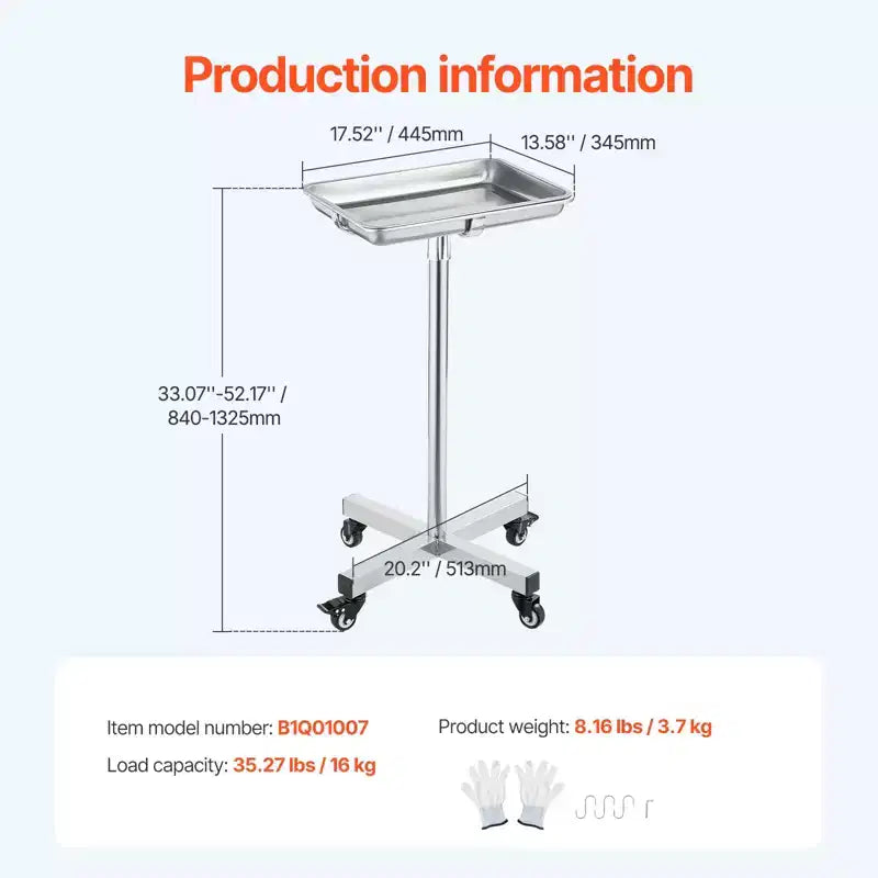 VEVOR Mayo Stand, Vassoio Mayo in Acciaio Inox, Capacità di Carico fino a 15,9 kg, Altezza Regolabile 64-101 cm, Vassoio Medico su Ruote con Vassoio Rimovibile