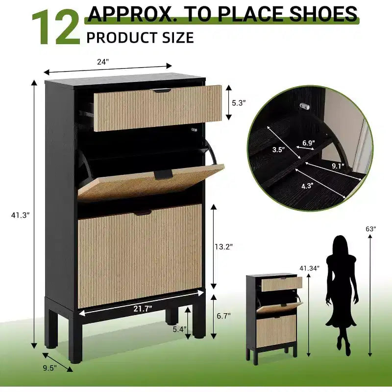 Meuble de rangement pour chaussures Acekool avec 2 tiroirs basculants et un petit tiroir, meuble d'entrée fin avec portes cannelées