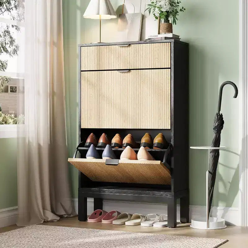 Meuble de rangement pour chaussures Acekool avec 2 tiroirs basculants et un petit tiroir, meuble d'entrée fin avec portes cannelées