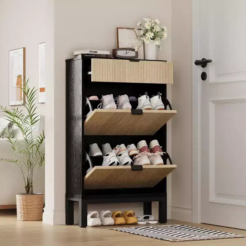 Acekool Scarpiera con 2 cassetti a ribalta e cassetto piccolo, Mobile ingresso sottile con ante a coste