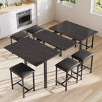 VECELO 7-Piece Dining Table Set with 6 Stools, 63 Expandable Kitchen Table with Metal Frame, Small Spaces, Black