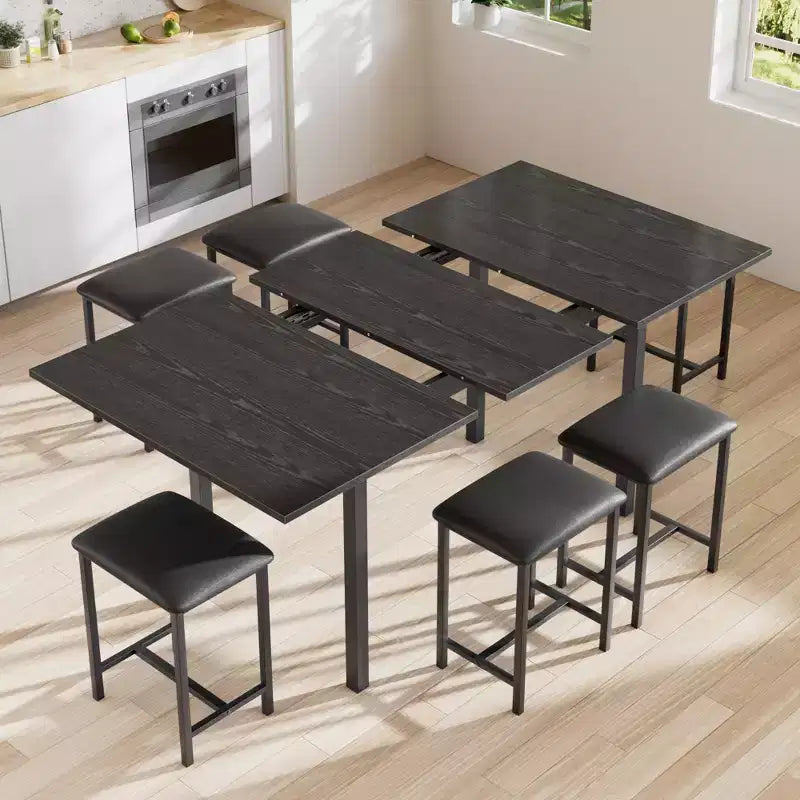 VECELO 7-Piece Dining Table Set with 6 Stools, 63 Expandable Kitchen Table with Metal Frame, Small Spaces, Black