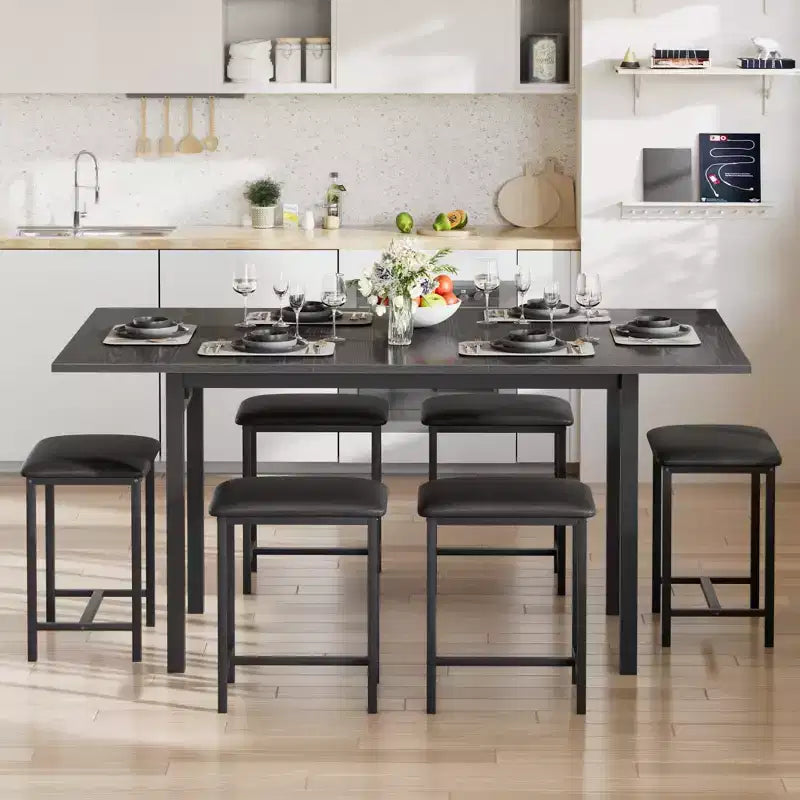Set da tavolo da pranzo VECELO 7 pezzi con 6 sgabelli, tavolo da cucina allungabile da 160 cm con struttura in metallo, per piccoli spazi, nero
