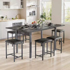Set da tavolo da pranzo VECELO 7 pezzi con 6 sgabelli, tavolo da cucina allungabile da 160 cm con struttura in metallo, per piccoli spazi, nero