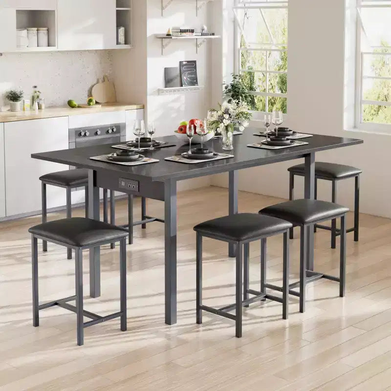 Set da tavolo da pranzo VECELO 7 pezzi con 6 sgabelli, tavolo da cucina allungabile da 160 cm con struttura in metallo, per piccoli spazi, nero