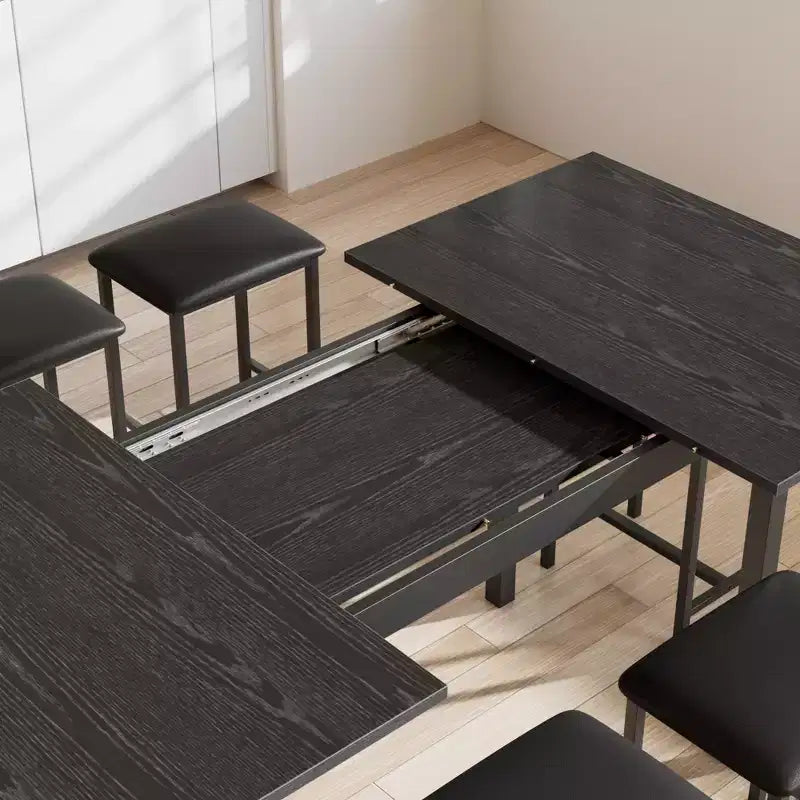 Set da tavolo da pranzo VECELO 7 pezzi con 6 sgabelli, tavolo da cucina allungabile da 160 cm con struttura in metallo, per piccoli spazi, nero