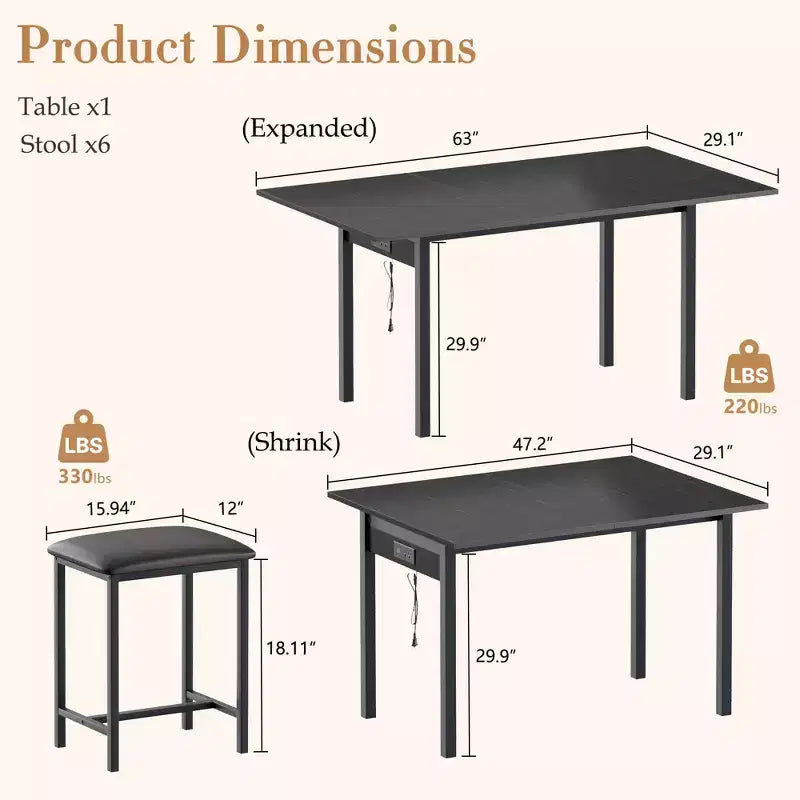 Ensemble de table à manger 7 pièces VECELO avec 6 tabourets, table de cuisine extensible de 160 cm avec cadre en métal, petits espaces, noir