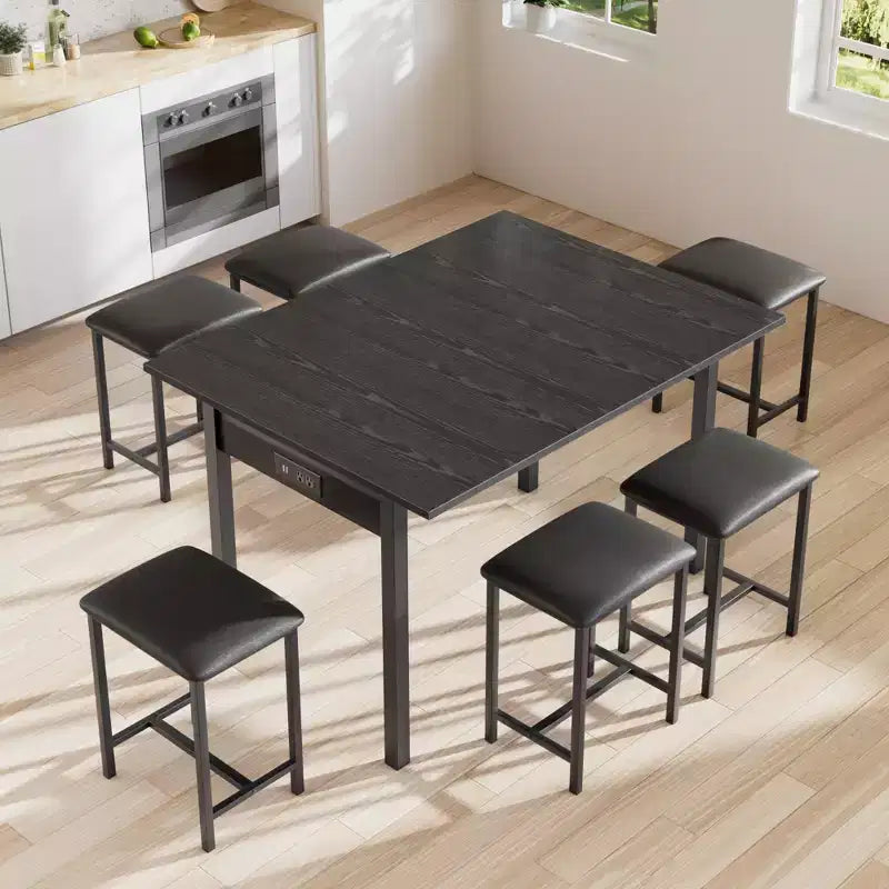 Ensemble de table à manger 7 pièces VECELO avec 6 tabourets, table de cuisine extensible de 160 cm avec cadre en métal, petits espaces, noir
