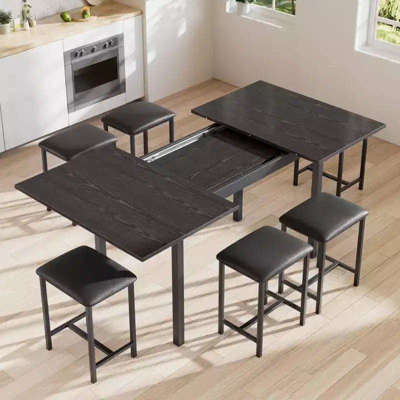 Ensemble de table à manger 7 pièces VECELO avec 6 tabourets, table de cuisine extensible de 160 cm avec cadre en métal, petits espaces, noir