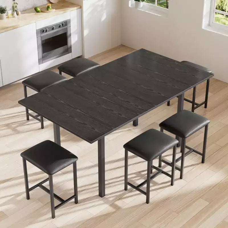 Ensemble de table à manger 7 pièces VECELO avec 6 tabourets, table de cuisine extensible de 160 cm avec cadre en métal, petits espaces, noir