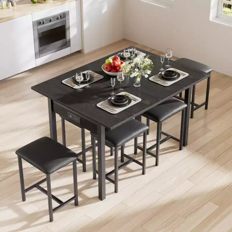 Set da tavolo da pranzo VECELO 7 pezzi con 6 sgabelli, tavolo da cucina allungabile da 160 cm con struttura in metallo, per piccoli spazi, nero