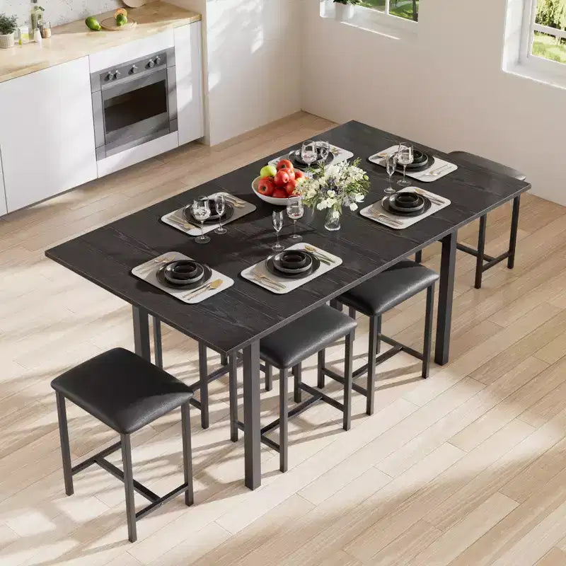 Set da tavolo da pranzo VECELO 7 pezzi con 6 sgabelli, tavolo da cucina allungabile da 160 cm con struttura in metallo, per piccoli spazi, nero