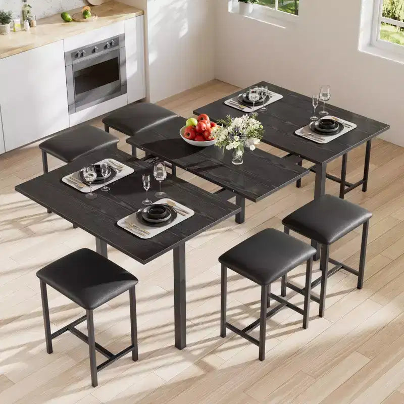 Set da tavolo da pranzo VECELO 7 pezzi con 6 sgabelli, tavolo da cucina allungabile da 160 cm con struttura in metallo, per piccoli spazi, nero