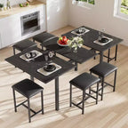 Set da tavolo da pranzo VECELO 7 pezzi con 6 sgabelli, tavolo da cucina allungabile da 160 cm con struttura in metallo, per piccoli spazi, nero