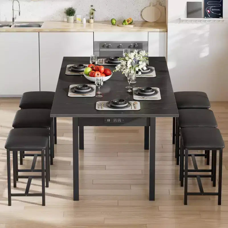 Set da tavolo da pranzo VECELO 7 pezzi con 6 sgabelli, tavolo da cucina allungabile da 160 cm con struttura in metallo, per piccoli spazi, nero