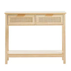 VEVOR Rattan Console Table with 2 Storage Drawers, Rattan Entryway Table with Natural Rattan Sliding Door, Console Sofa Table, Natural