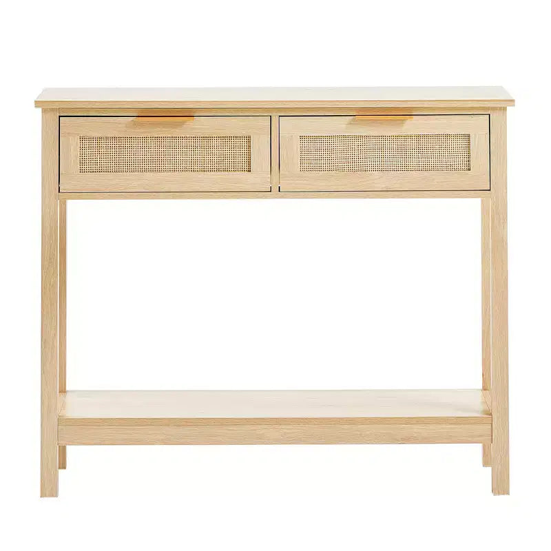 VEVOR Rattan Console Table with 2 Storage Drawers, Rattan Entryway Table with Natural Rattan Sliding Door, Console Sofa Table, Natural