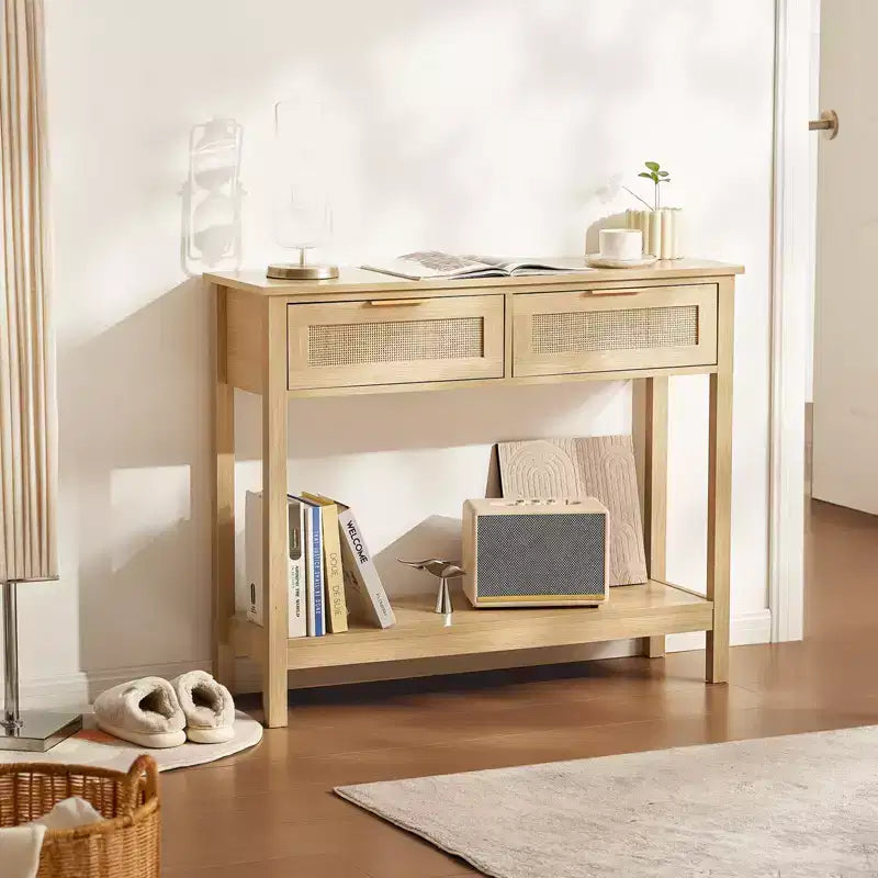 Console en rotin VEVOR avec 2 tiroirs de rangement, table d'entrée en rotin avec porte coulissante en rotin naturel, table de console/canapé, naturel