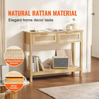 VEVOR Consolle in Rattan con 2 Cassetti Contenitori, Tavolo da Ingresso in Rattan con Ante Scorrevoli in Rattan Naturale, Tavolo Consolle Divano, Naturale